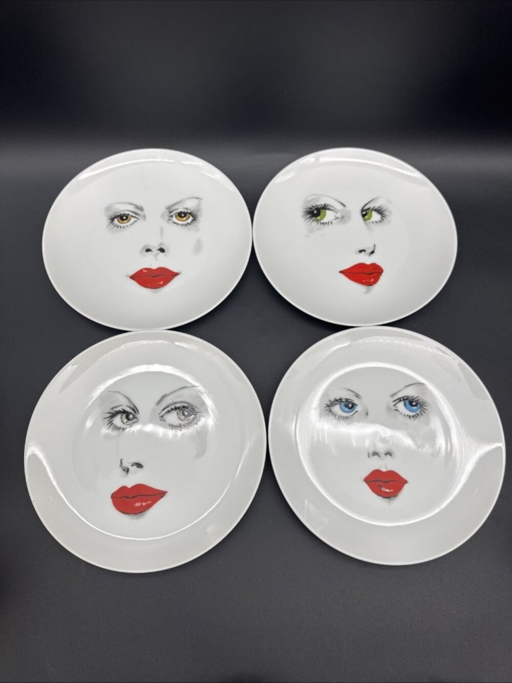 VTG 70’s Royal Crown Foxy Lady 8” Porcelain Plates Red Lips Eyelash Wall Decor